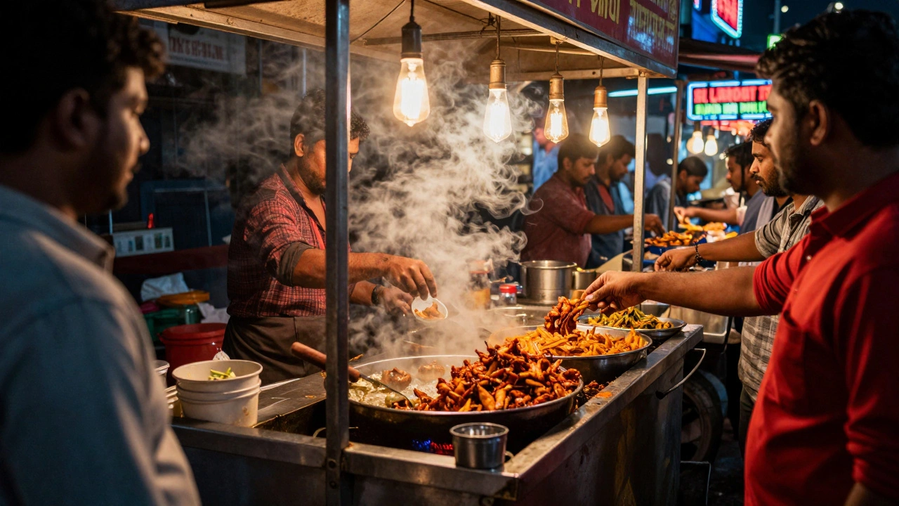 Busy Indian street food vendor frying spicy snacks at a vibrant night market