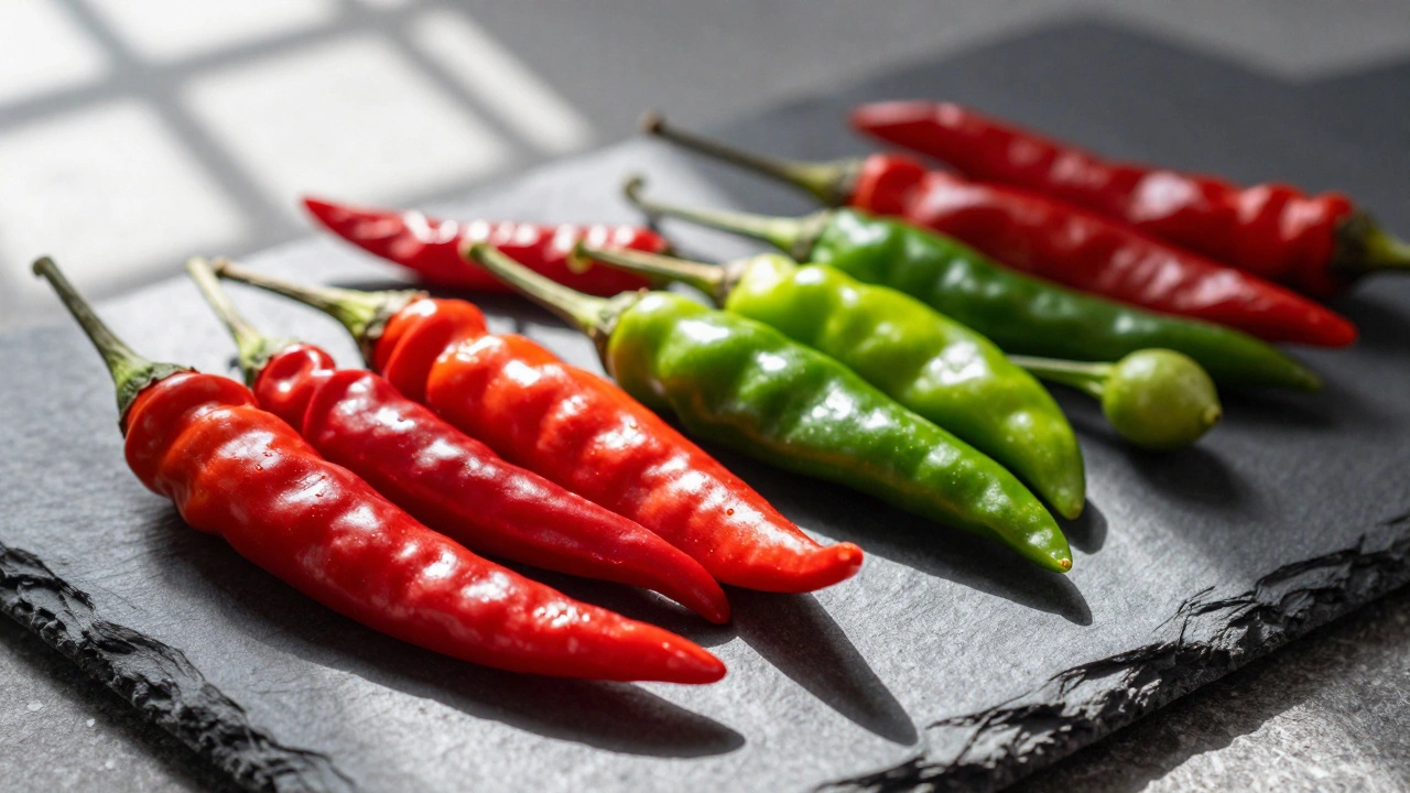 Close-up of diverse Indian chili varieties including Guntur and Kashmiri chilies