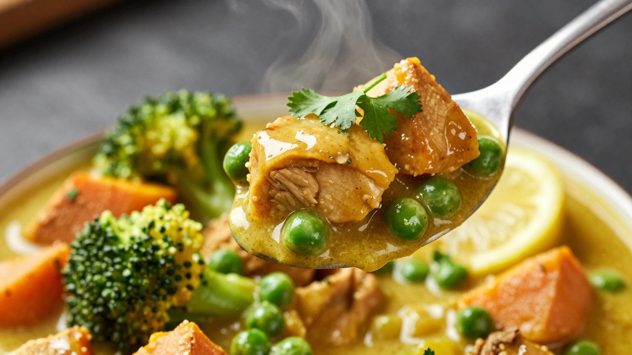 Close-up of spoonful of textured vegetable and chicken curry with garnish