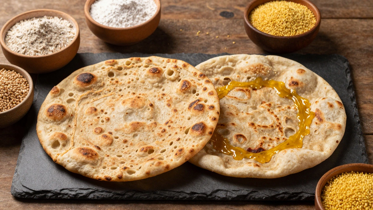 Comparison of dry chapati and ghee-brushed roti with various flours