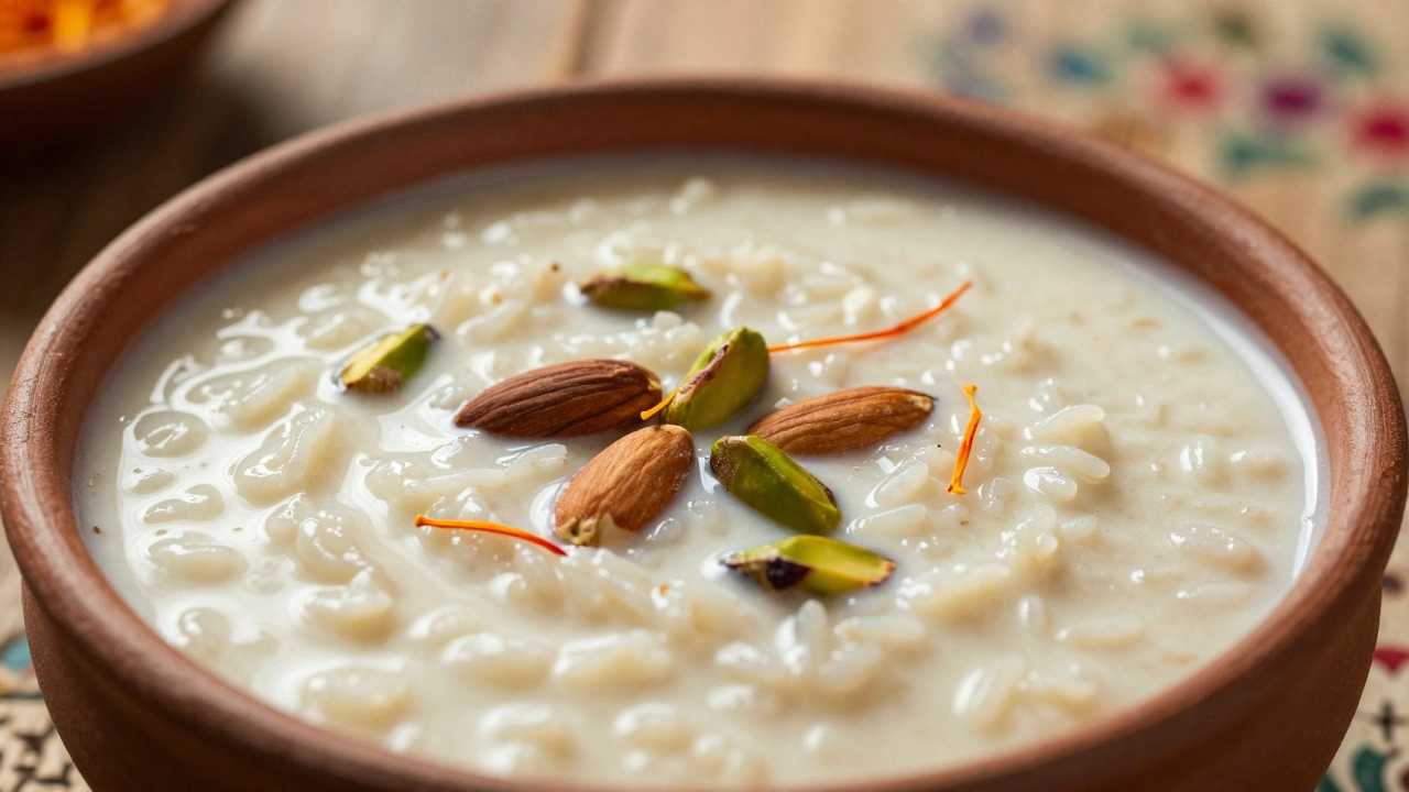 Creamy kheer rice pudding garnished with nuts and saffron
