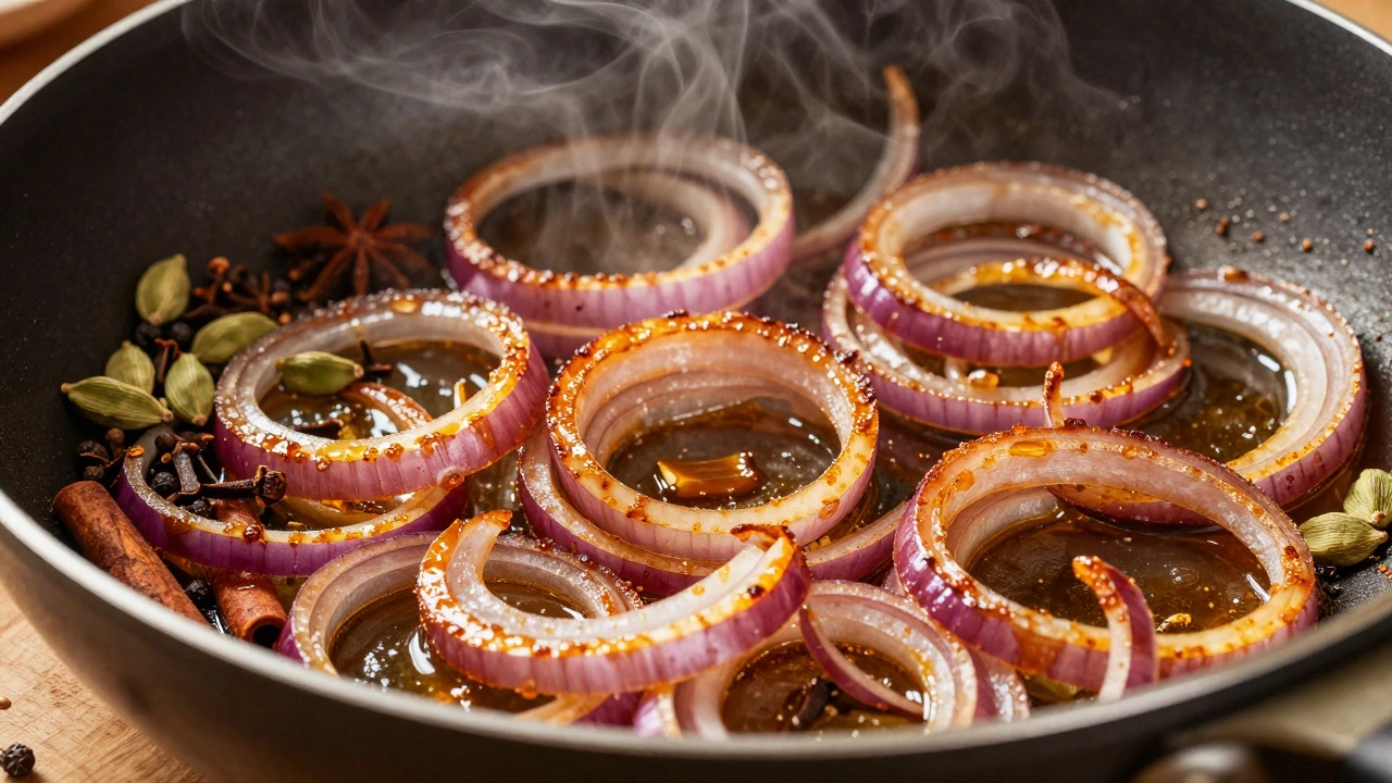 Dark fried onions and whole spices for biryani base