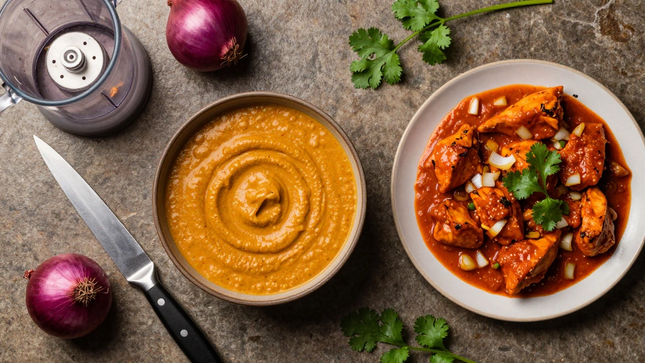 Finished curries comparing smooth blended sauce versus chunky chopped onion texture