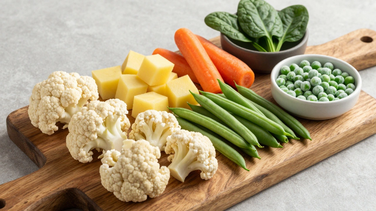 Fresh vegetables prepped for curry: cauliflower, beans, potatoes, and peas