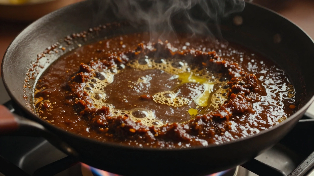 Frying onion paste in a wok until oil separates, creating a rich mahogany base