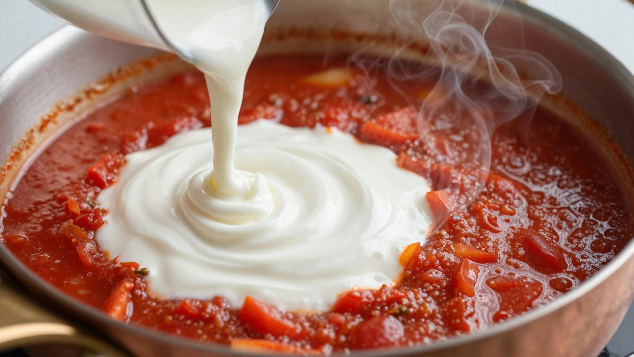 Greek yogurt being tempered into a warm tomato sauce