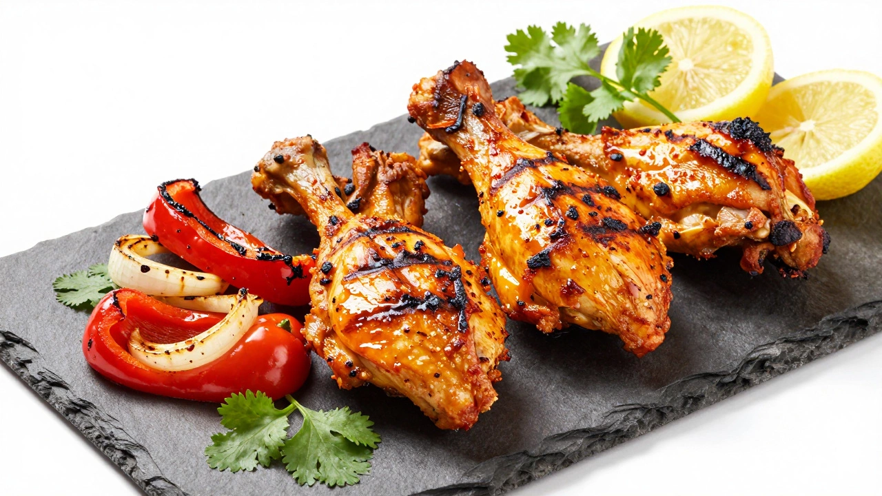 Grilled tandoori chicken and vegetables on a serving board