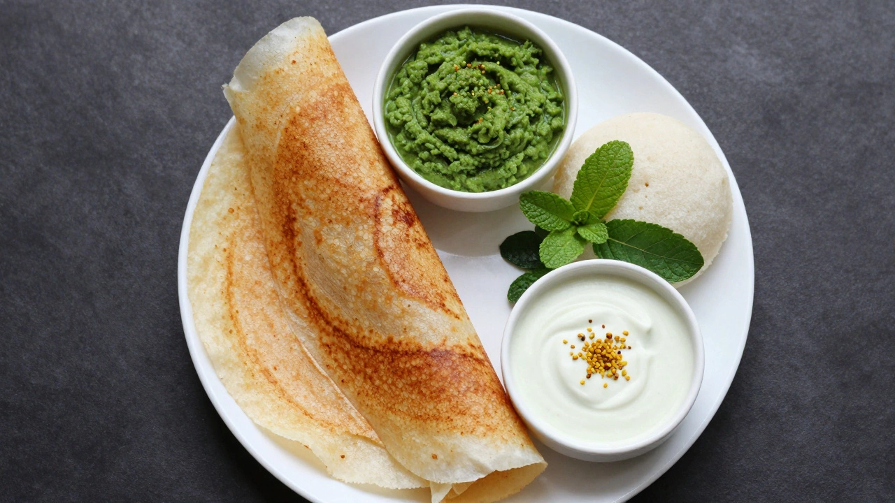 Healthy Indian meal with dosa, idli, and green chutney bowls