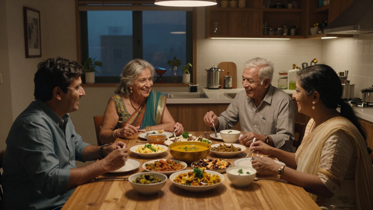 Indian family sharing a traditional dinner together in a warm, modern home.