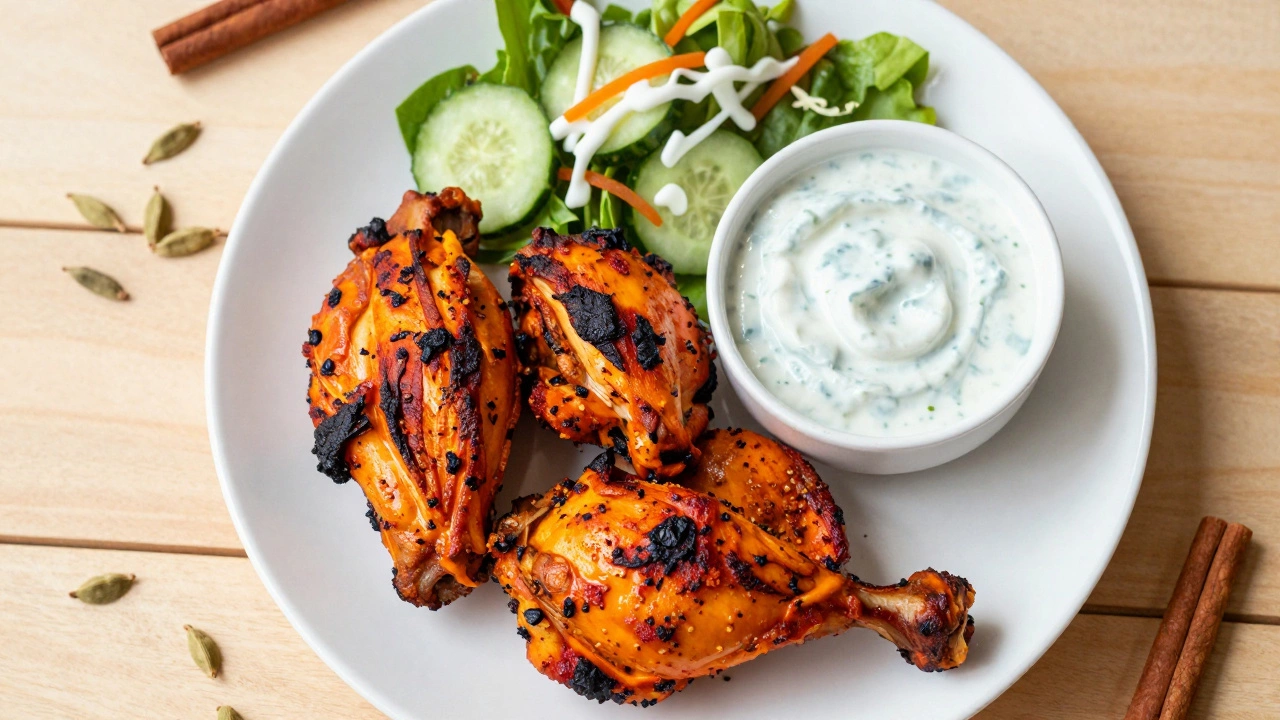 Plated tandoori chicken with raita and fresh salad