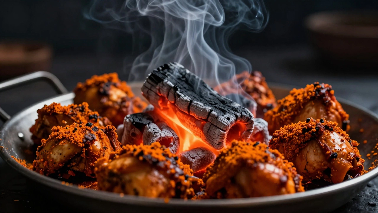 Smoking charcoal infusing marinated chicken with aroma