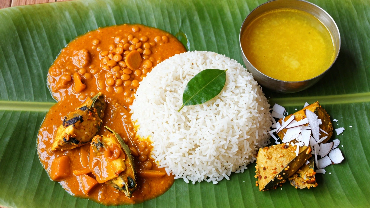 Southern Indian thali served on a banana leaf with rice, sambar, and fish curry.