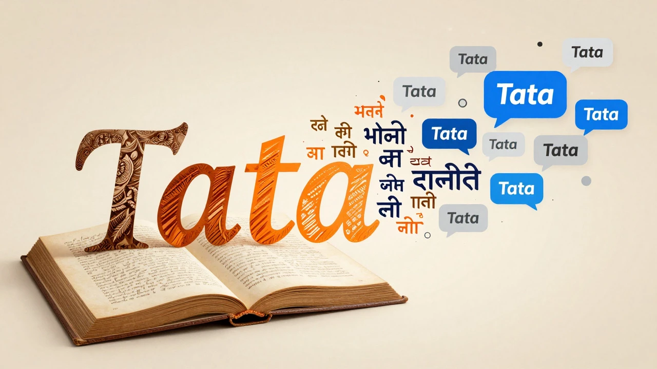Abstract art showing the evolution of the word Tata from French roots to modern India.