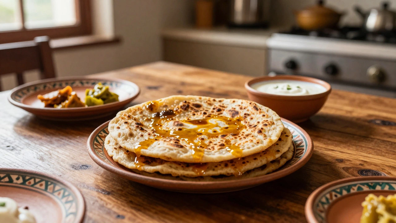 Aloo paratha served with yogurt and pickle on a rustic table
