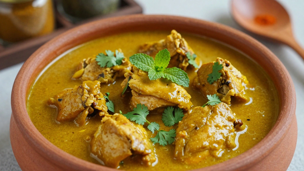 Bowl of golden chicken curry garnished with fresh cilantro and mint leaves.