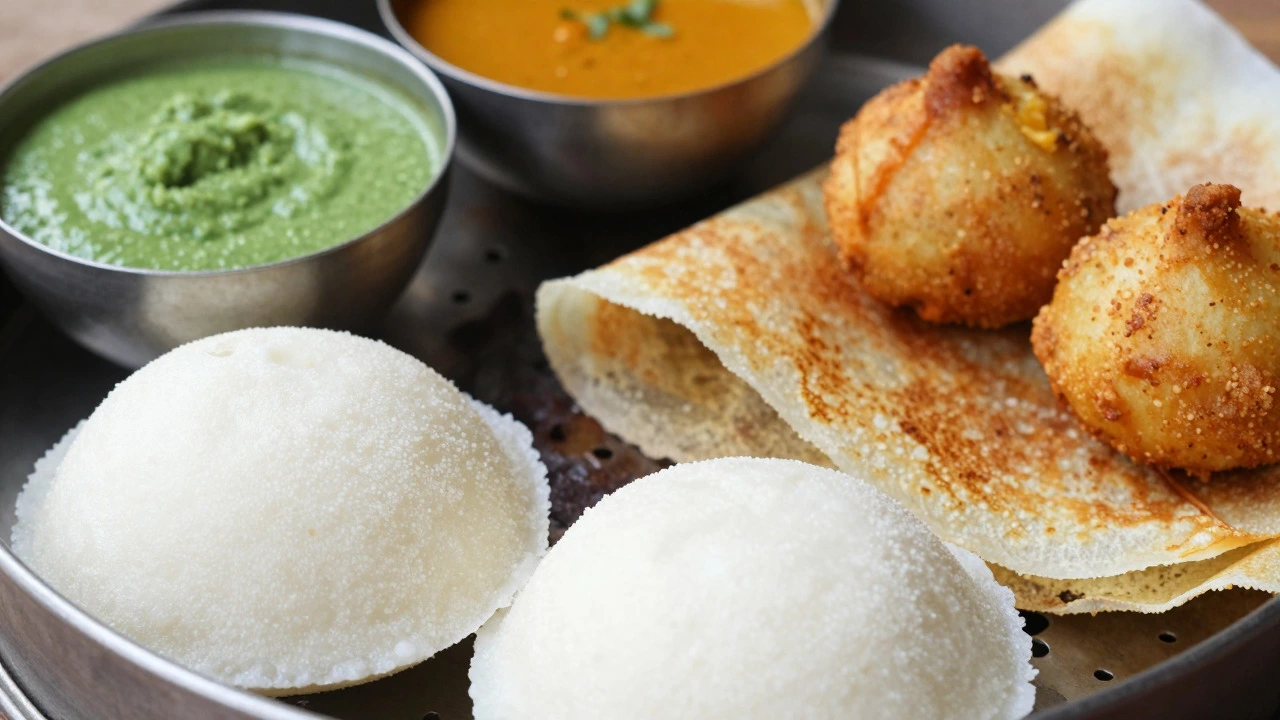 Close-up of idli, dosa, and vada with chutney and sambar