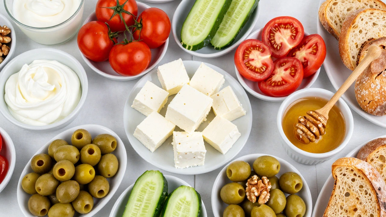 Colorful Turkish breakfast spread with cheese, olives, and honey