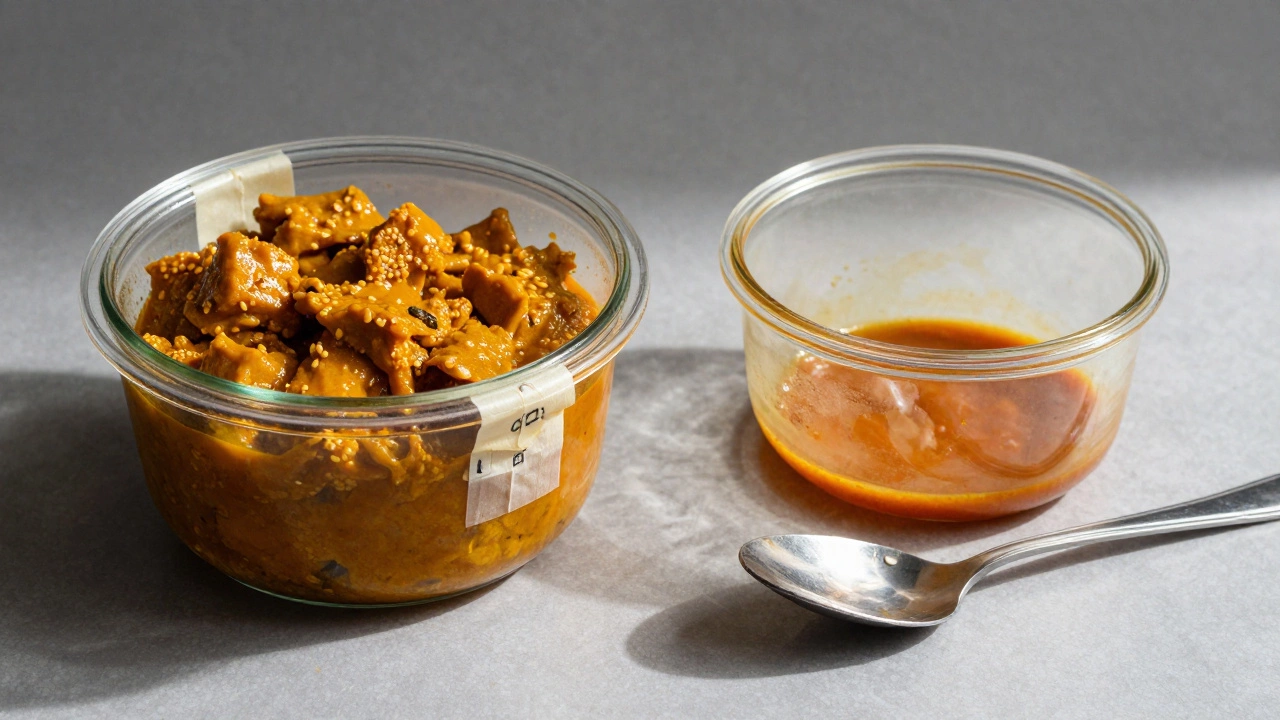 Comparison of fresh stored curry versus spoiled food in glass containers