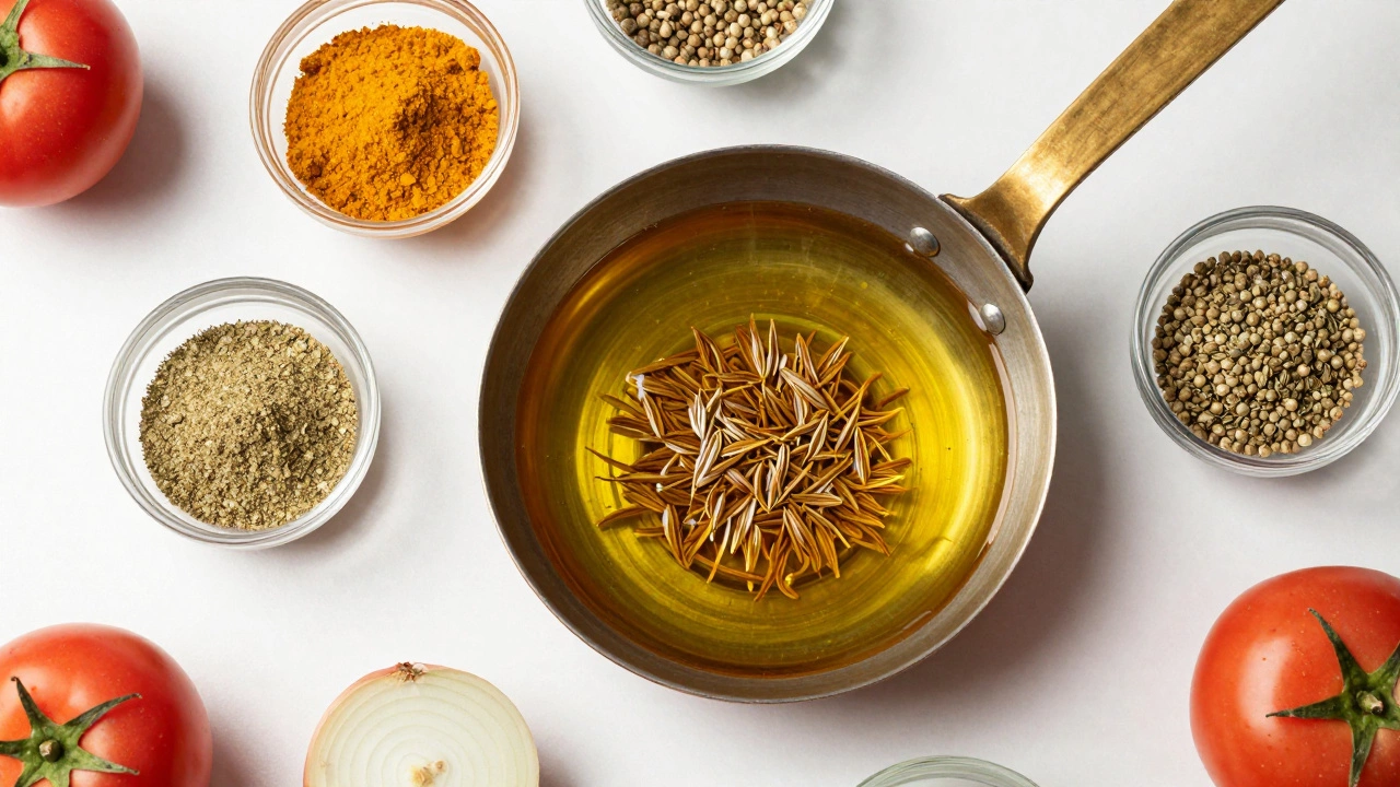 Cumin seeds sizzling in hot ghee in a brass pan for tempering.