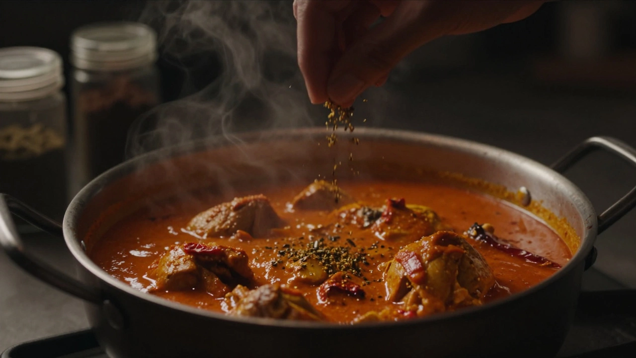 Garam masala being sprinkled onto steaming chicken curry in a pot.