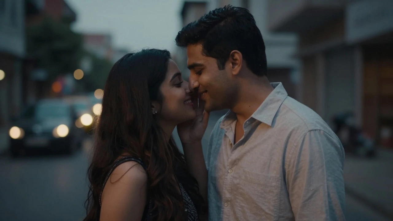 Romantic couple sharing a warm, affectionate goodbye in a cinematic Bollywood style.