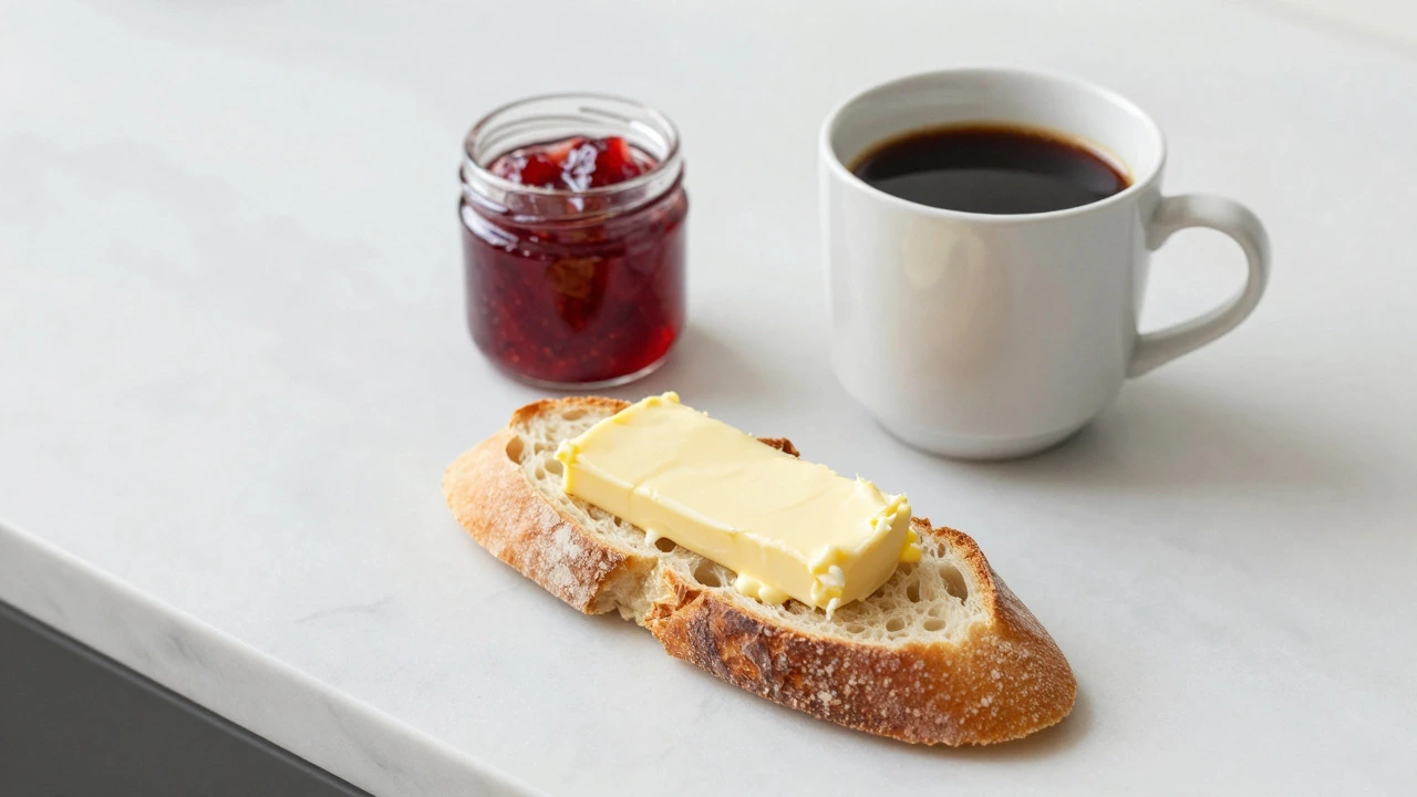 Simple French breakfast with baguette, butter, and coffee