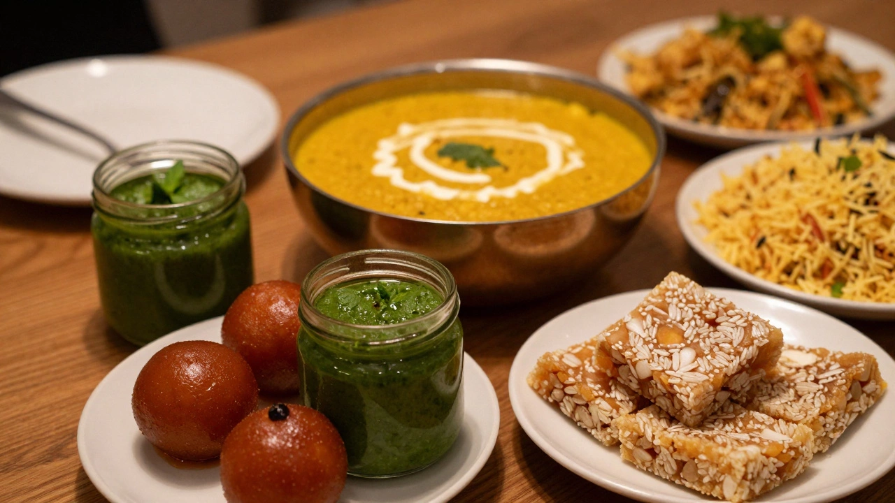 Variety of Indian dishes including chutneys, sweets, and biryani on a table