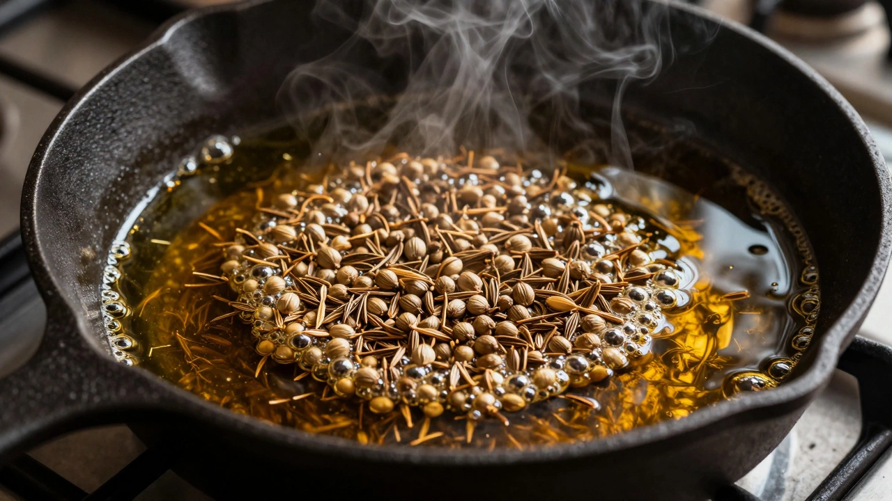 Whole cumin and coriander seeds sizzling and steaming in hot oil in a pan.