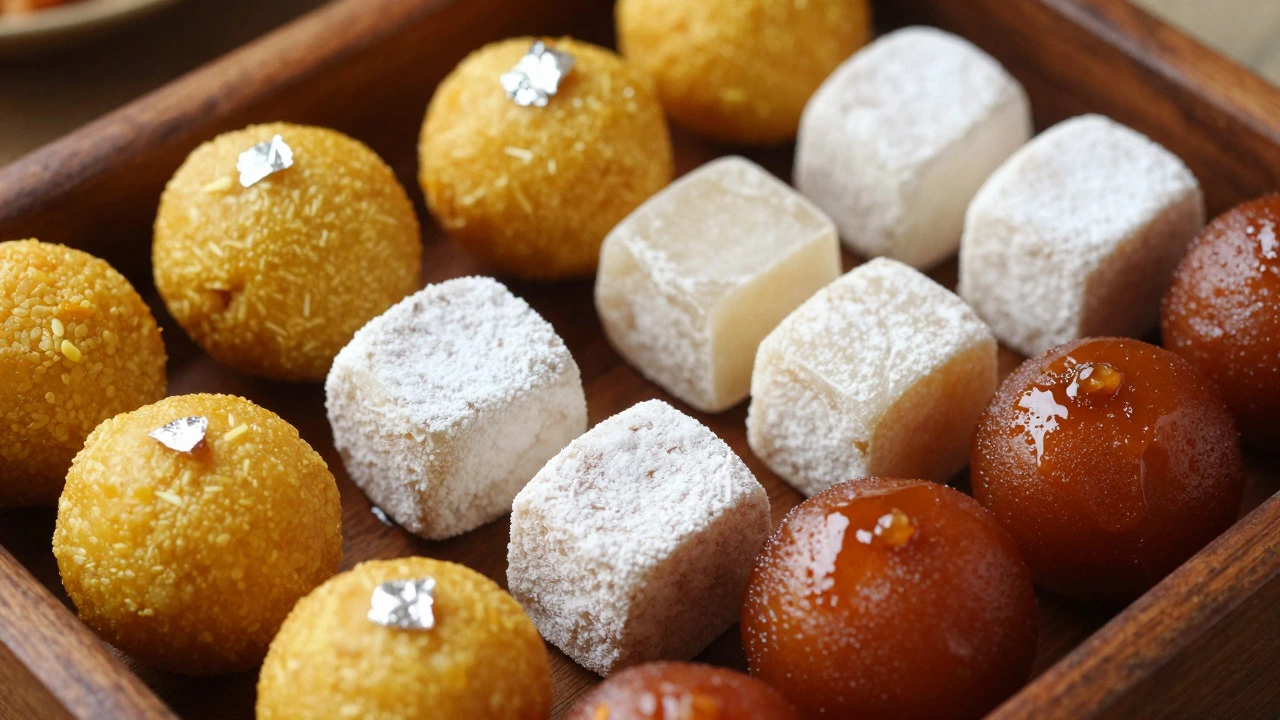 Assortment of traditional Indian desserts like ladoo and gulab jamun on wood