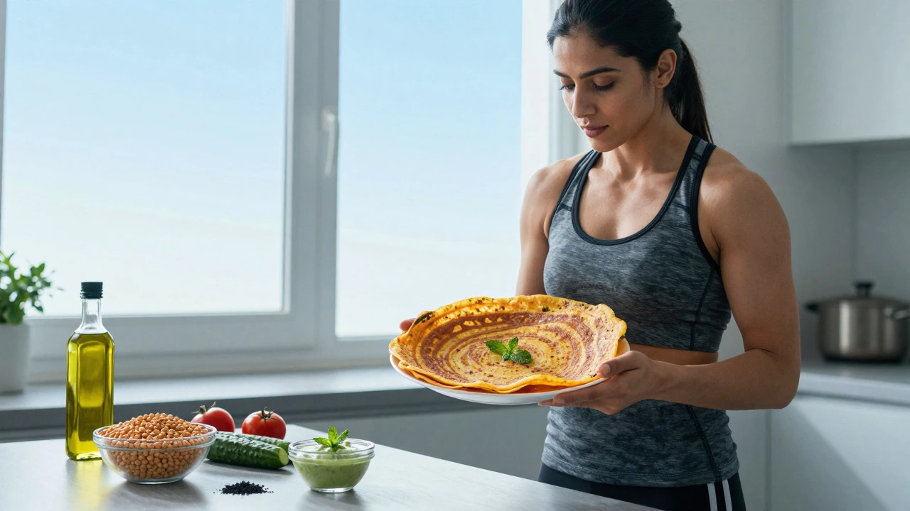 Athlete holding moong dal chilla in a bright kitchen