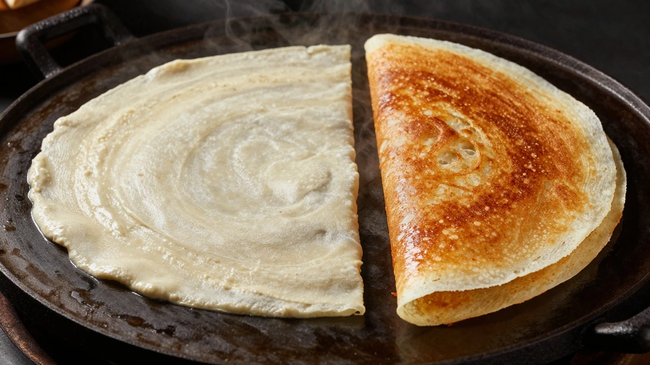 Comparison of a dense dosa and a crisp, golden dosa on a hot griddle