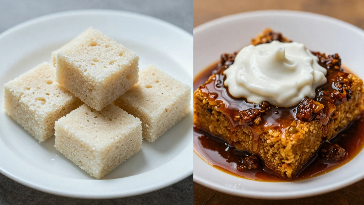 Comparison of plain steamed dhokla versus dhokla topped with sugary syrup and chutney.