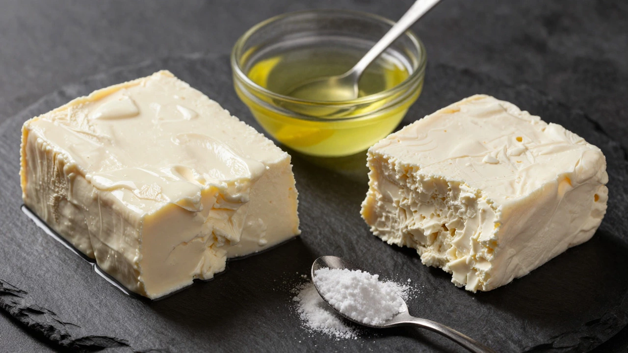 Comparison of soft full-cream paneer versus hard low-fat paneer on slate