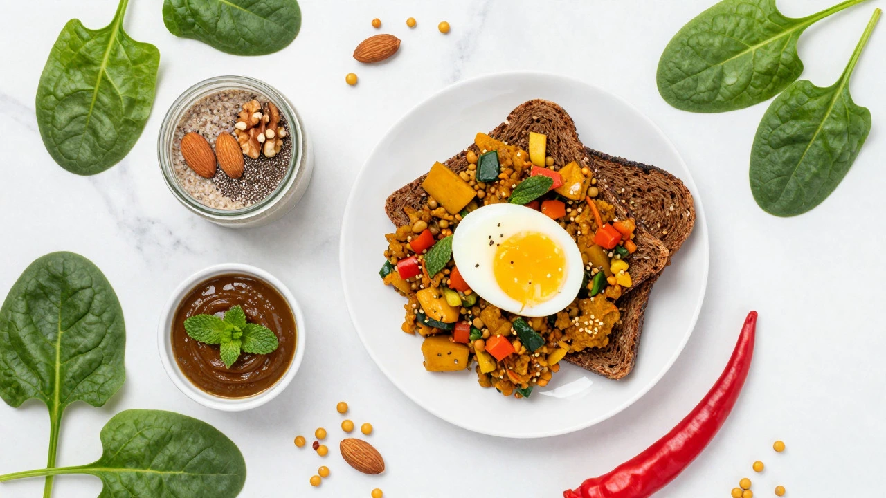 Flat lay of egg bhurji toast, ragi malt, and fresh ingredients