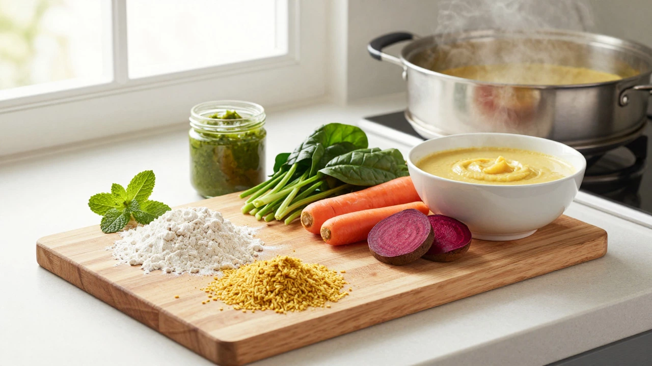 Fresh ingredients like spinach, millet, and mint chutney prepared for healthy dhokla.