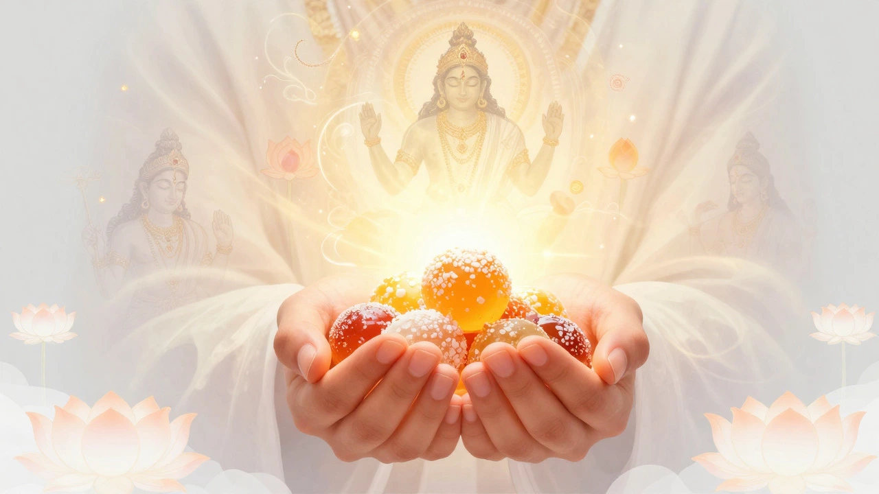 Hands offering a glowing sweet surrounded by lotus flowers and divine light