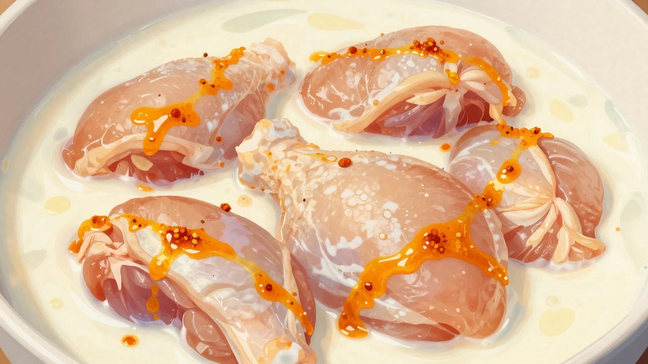 Raw chicken marinating in thick yogurt and orange spices