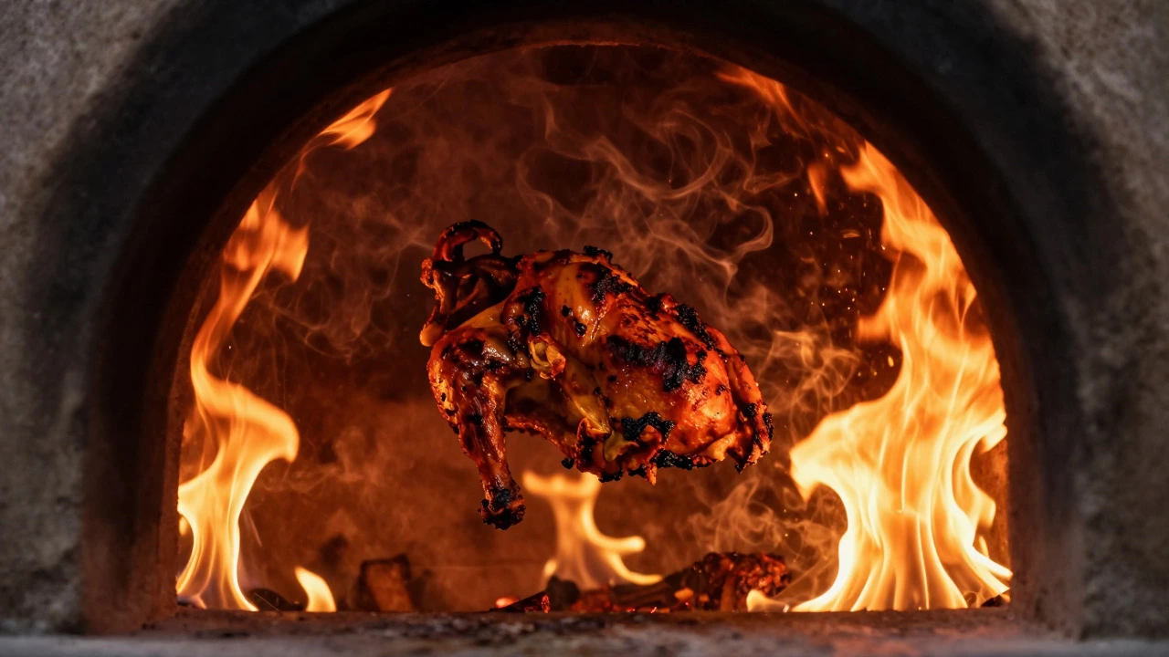 Tandoori chicken roasting in a fiery clay tandoor oven