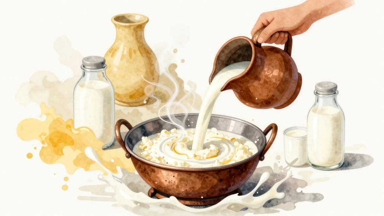 Watercolor illustration of milk being poured into a pot to make paneer