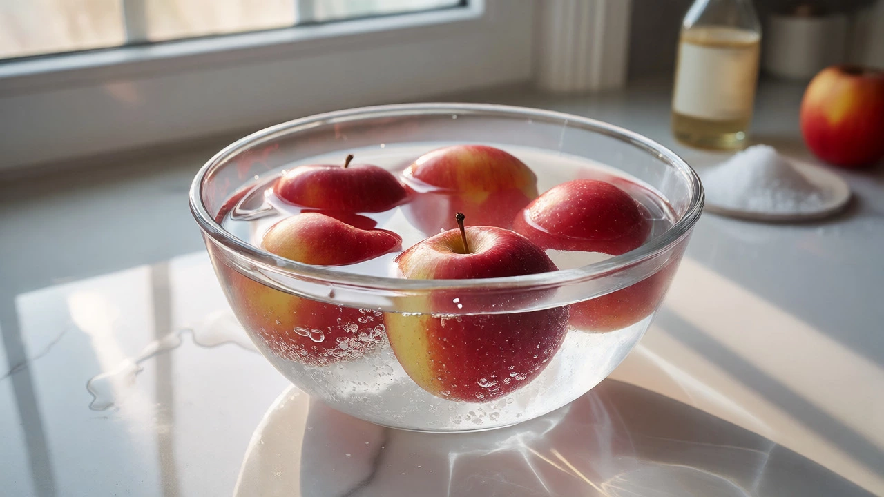 Apples soaking in a bowl of baking soda solution