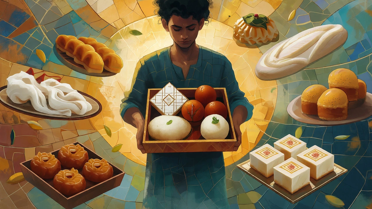 Artistic collage showing diverse Indian sweets like Kaju Katli and Mysore Pak.