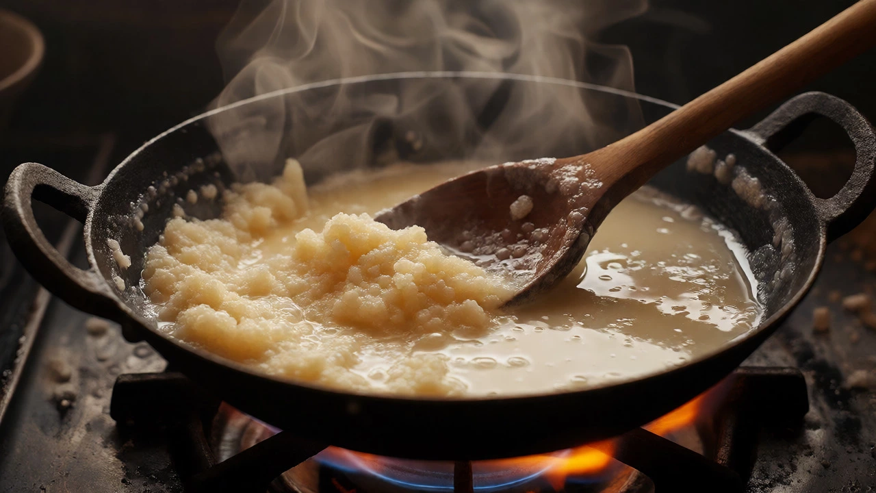 Close-up of milk reducing into khoya in an iron pan with steam rising during cooking.