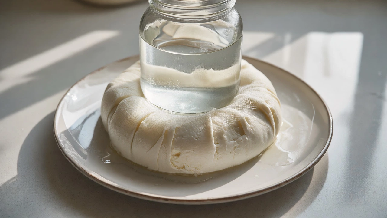 Fresh paneer curds wrapped in cheesecloth being pressed by a weighted jar.
