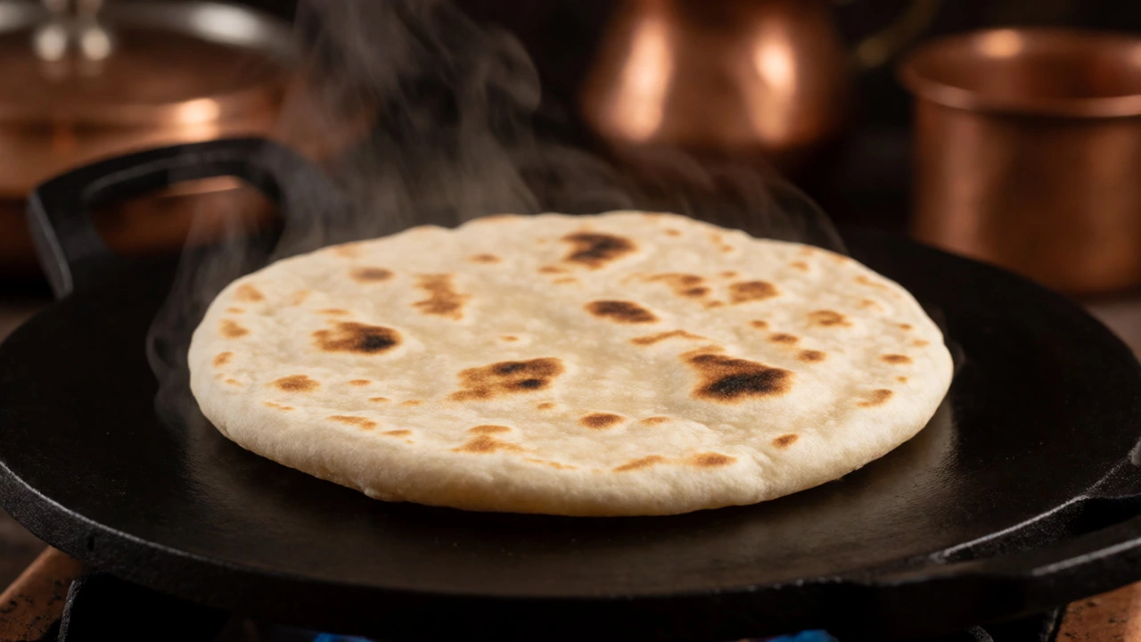 Fresh roti puffing up on a hot tawa, showing soft texture and rising steam.