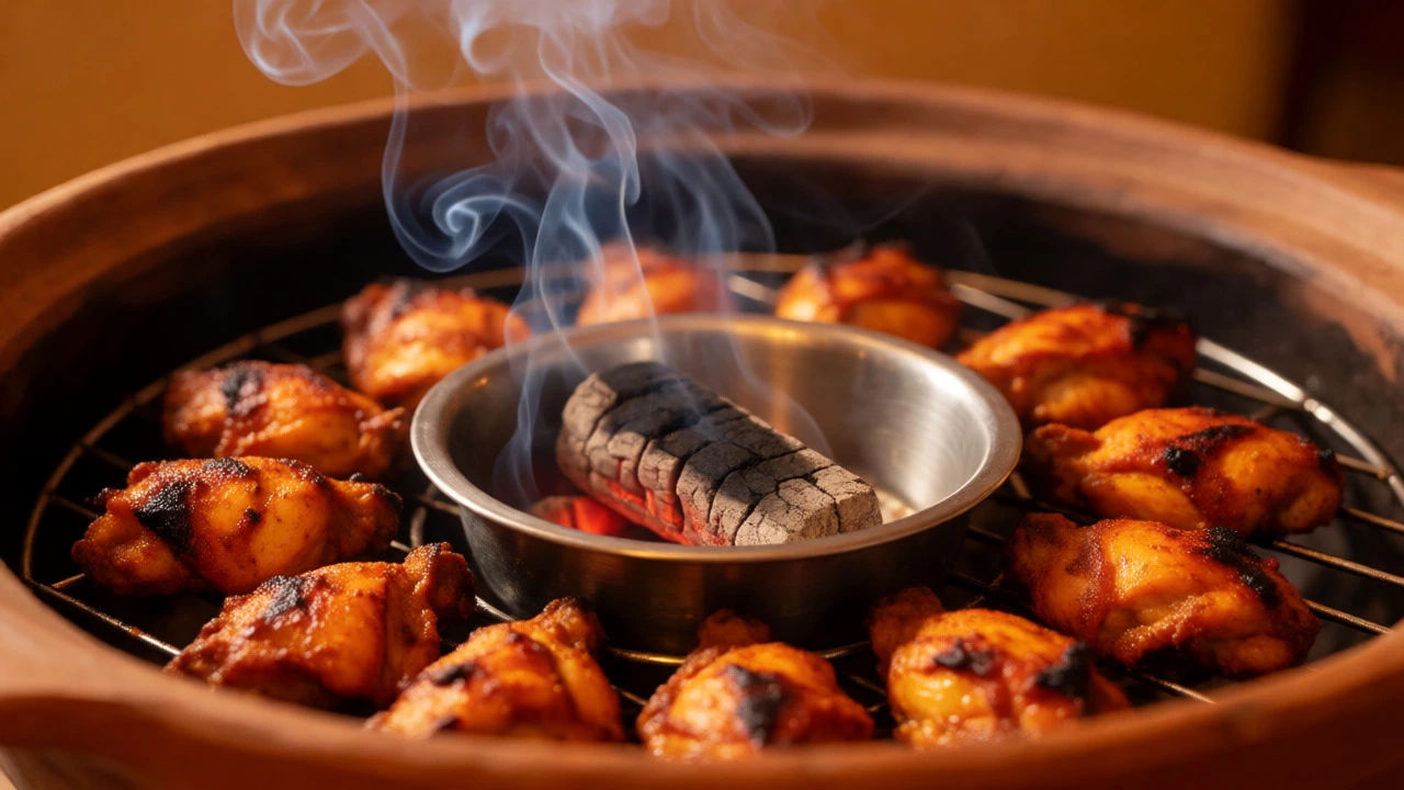 Grilled chicken in a pot with smoking charcoal to infuse smoky tandoori flavor.