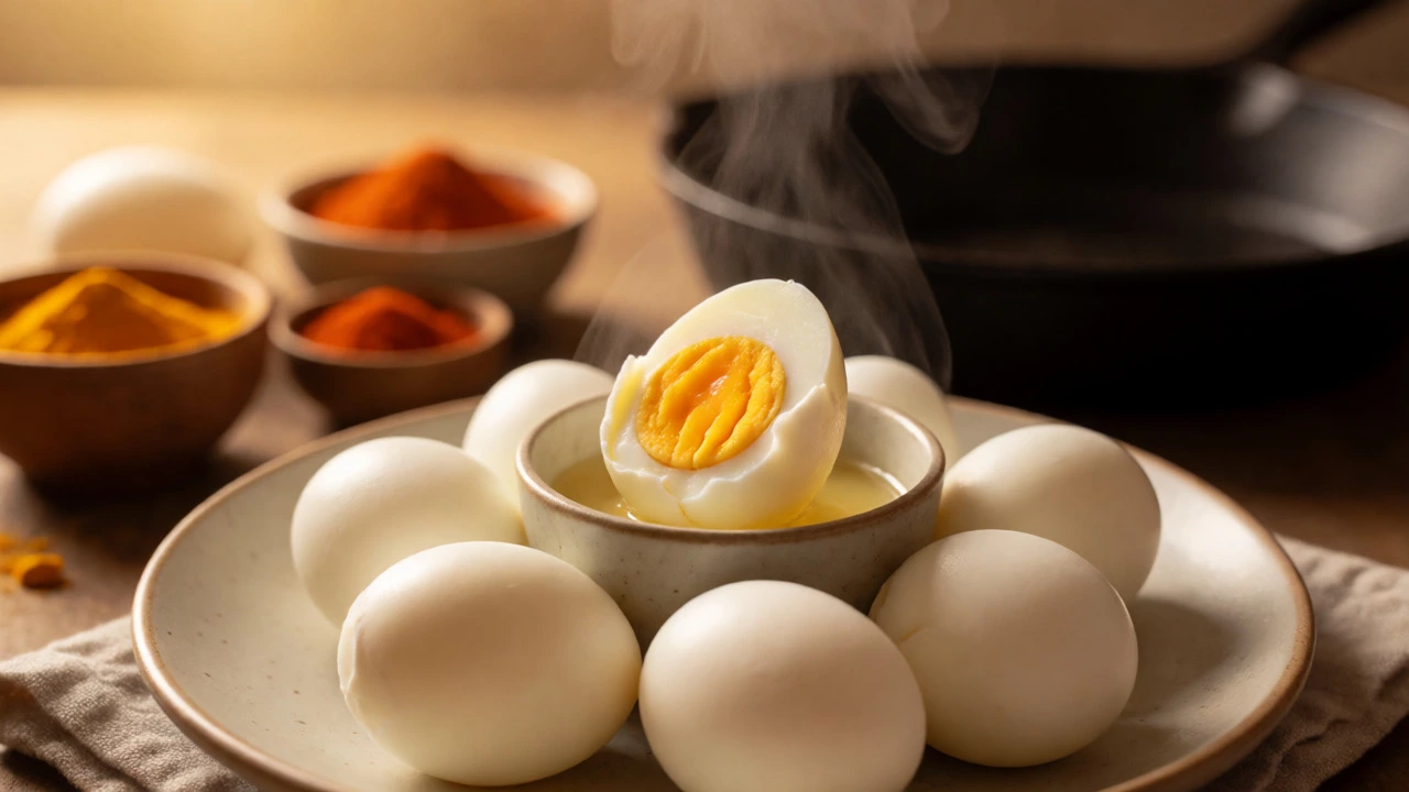 Hard-boiled eggs prepared in an Indian kitchen