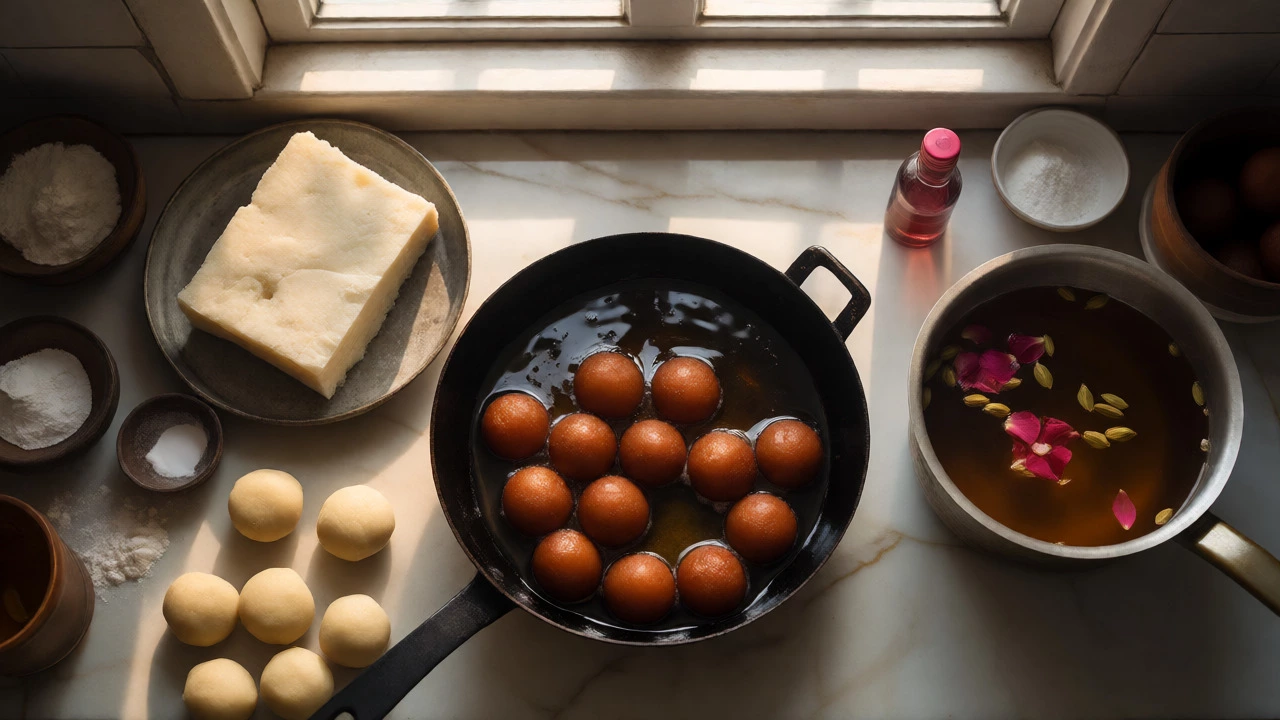 Homemade Gulab Jamun being fried in ghee with syrup nearby