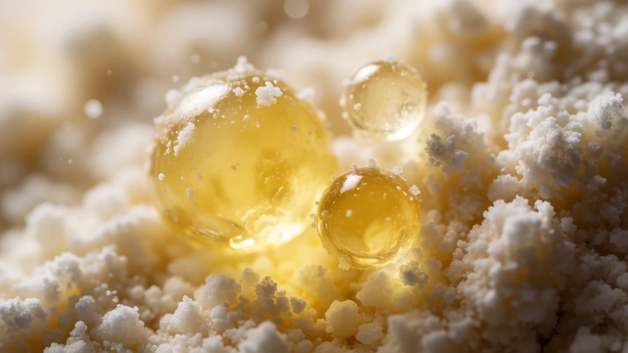 Macro view of oil droplets coating flour particles, illustrating the shortening effect in dough.