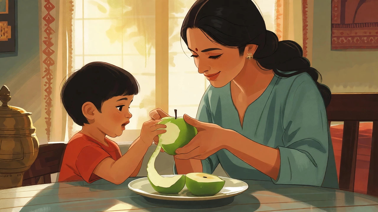 Mother peeling an apple for her child at breakfast