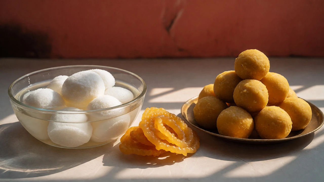 Rasgullas in syrup next to Besan Laddus on a brass plate.